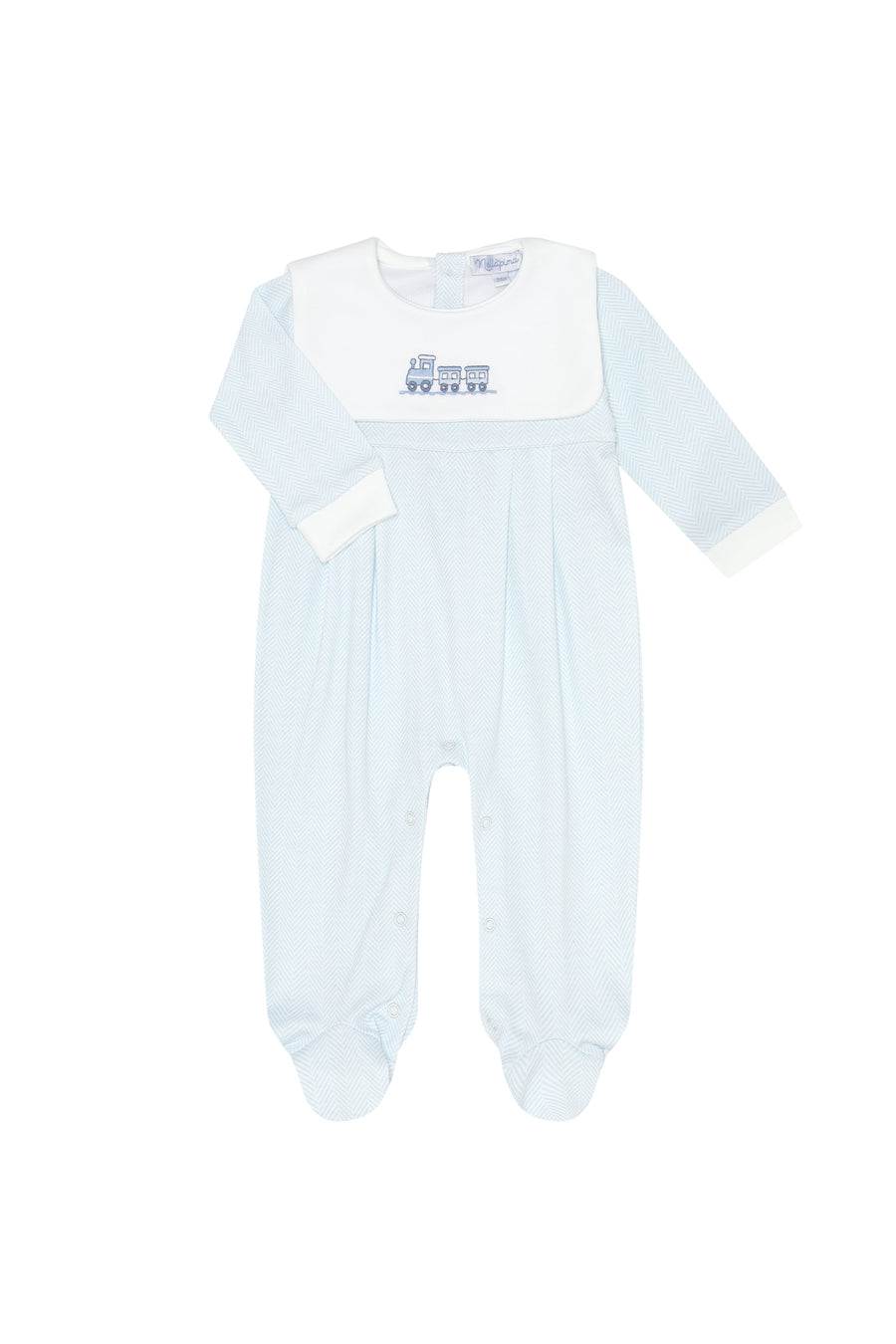 Blue Herringbone Embroidered Collared Footie