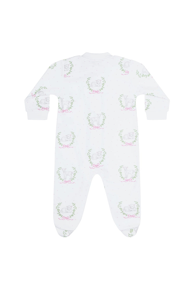 Pink Lamb Print Zipper Footie