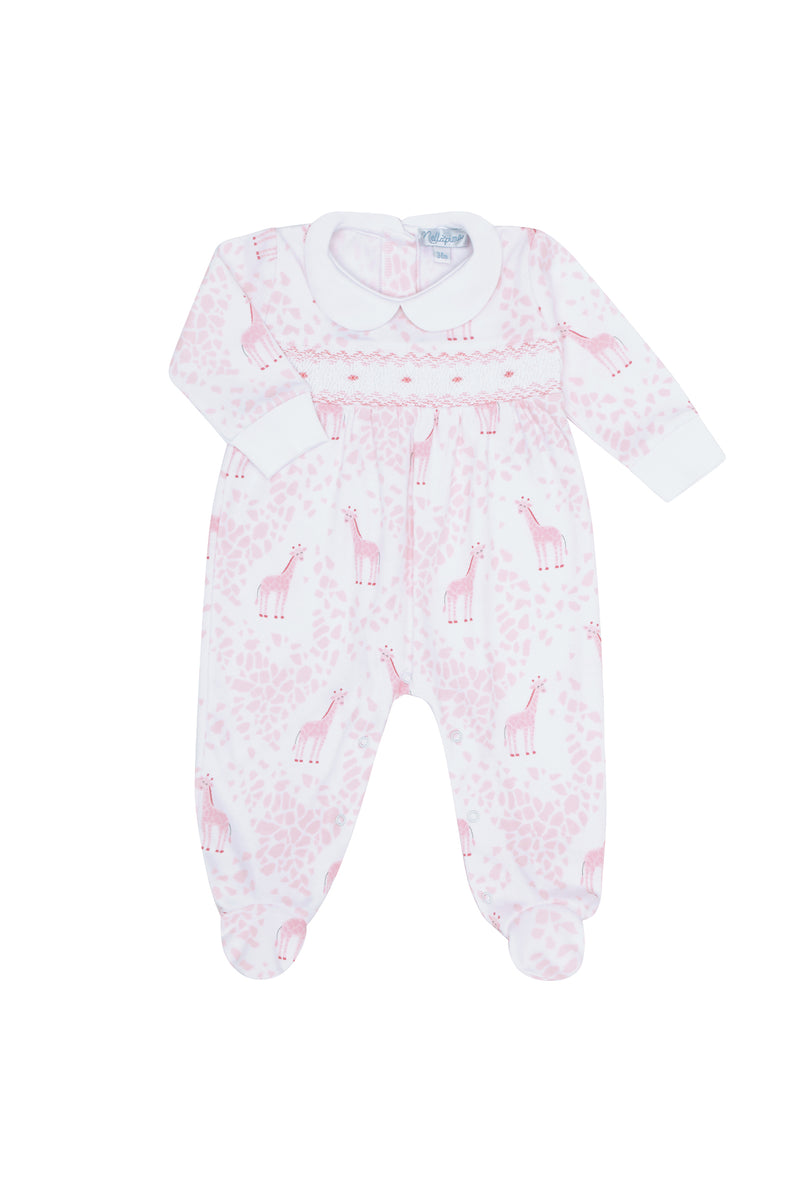 Pink Giraffe Print Smocked Footie