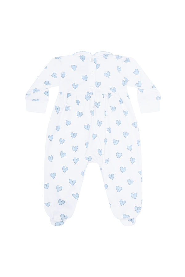 Blue Heart Print Smocked Footie