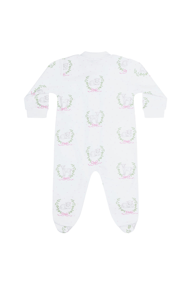 Pink Lamb Print Zipper Footie