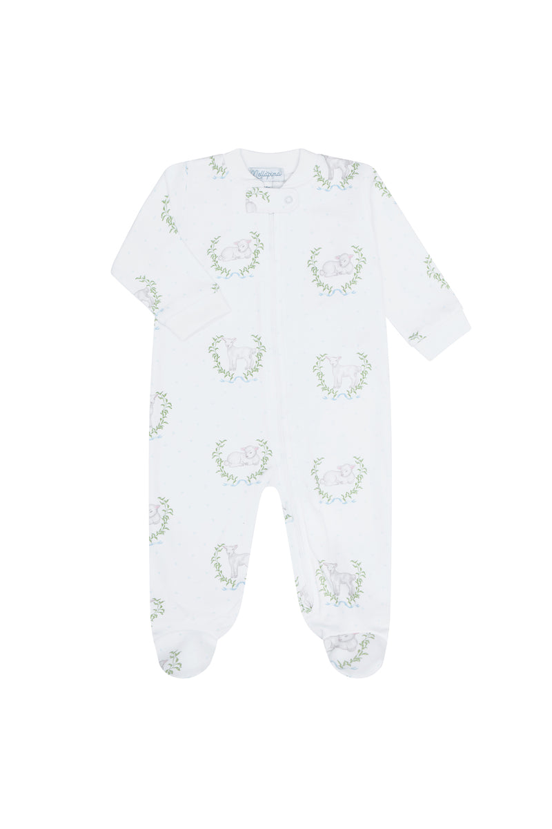 Blue Lamb Print Zipper Footie