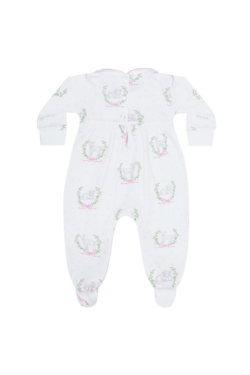 Pink Lamb Print Smocked Footie