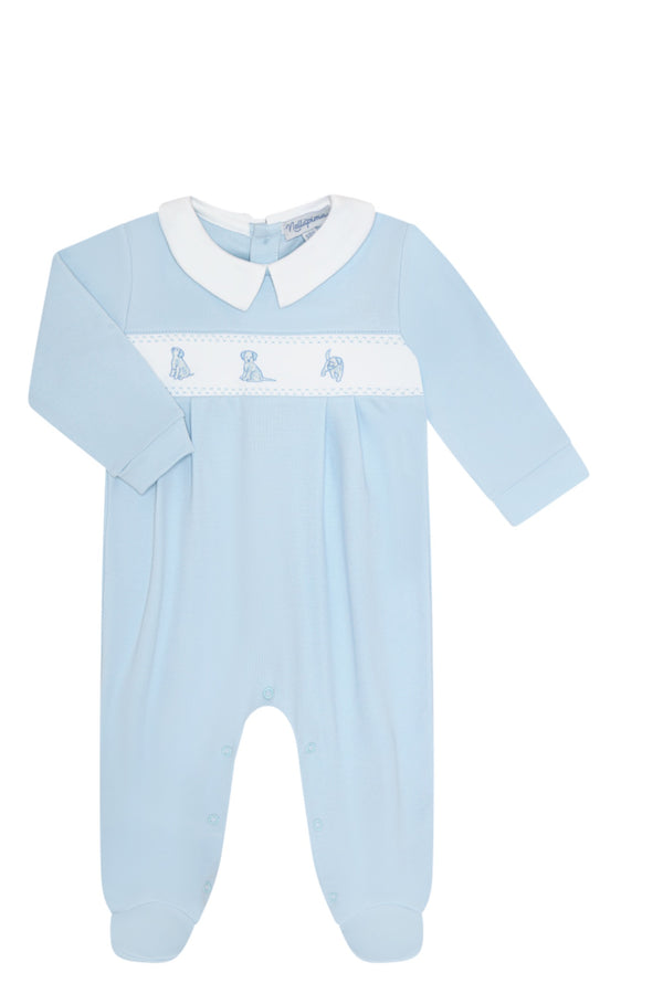 Blue Puppy Love Embroidery Footie