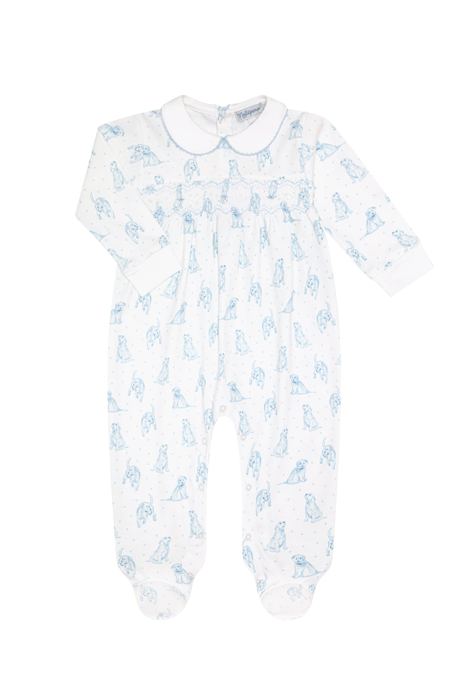 Blue Puppy Love Print Smocked Footie