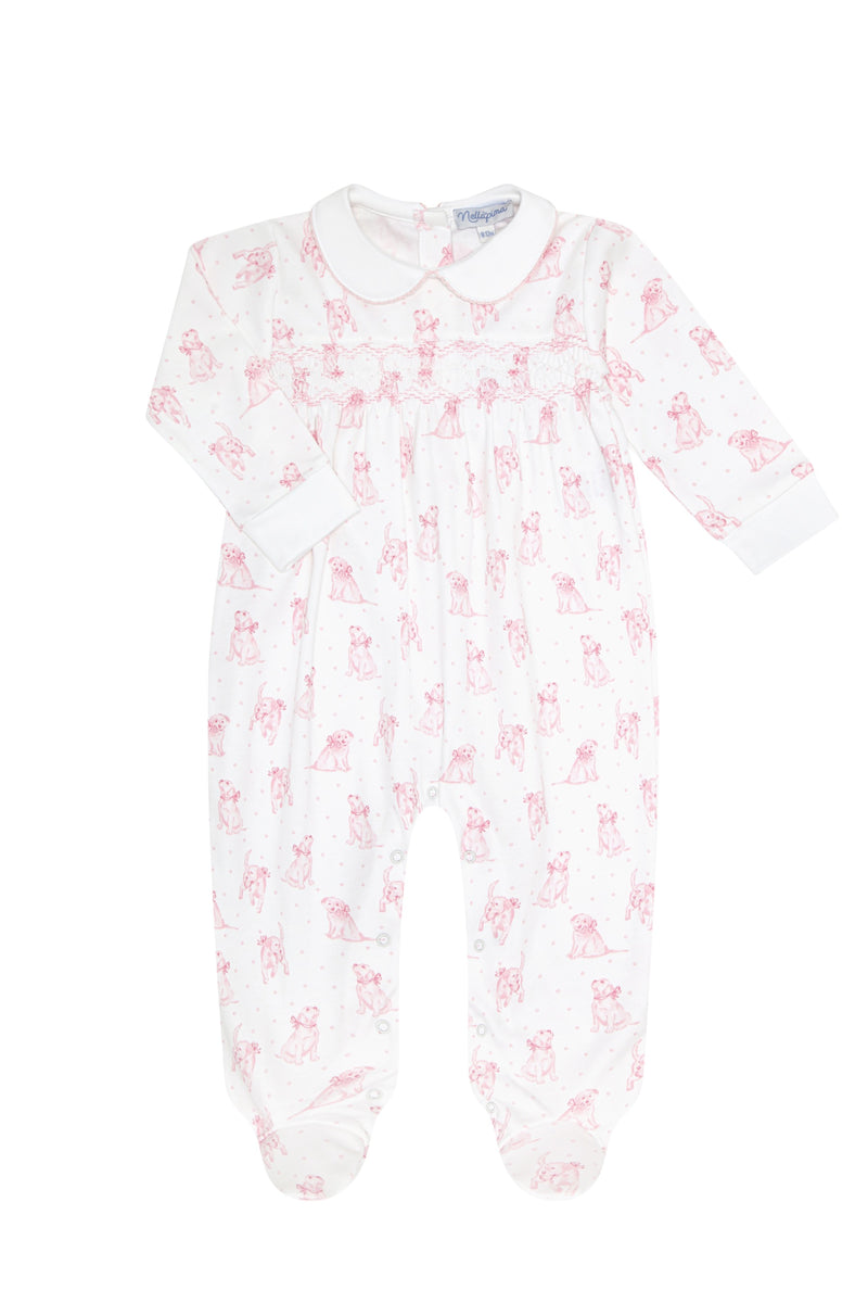 Pink Puppy Love Print Smocked Footie
