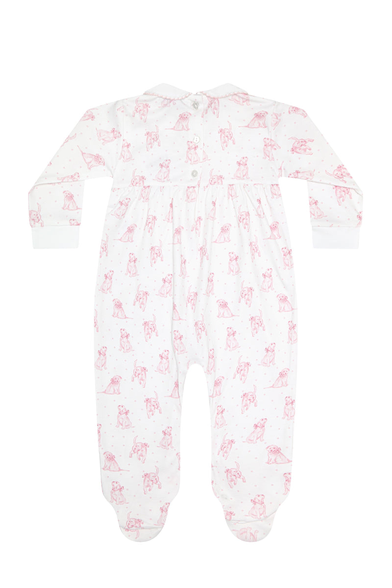 Pink Puppy Love Print Smocked Footie