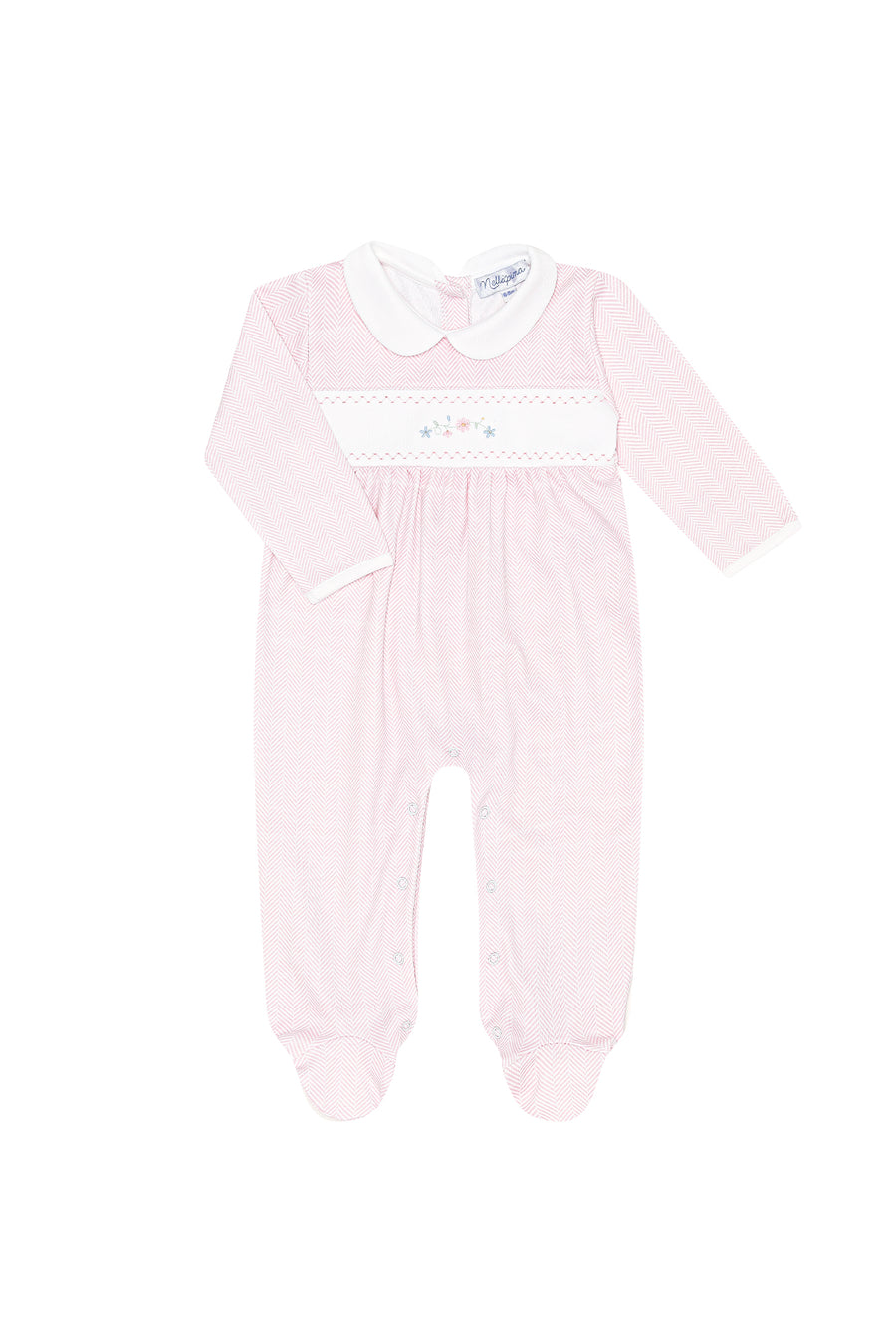 Pink Herringbone Embroidered Footie