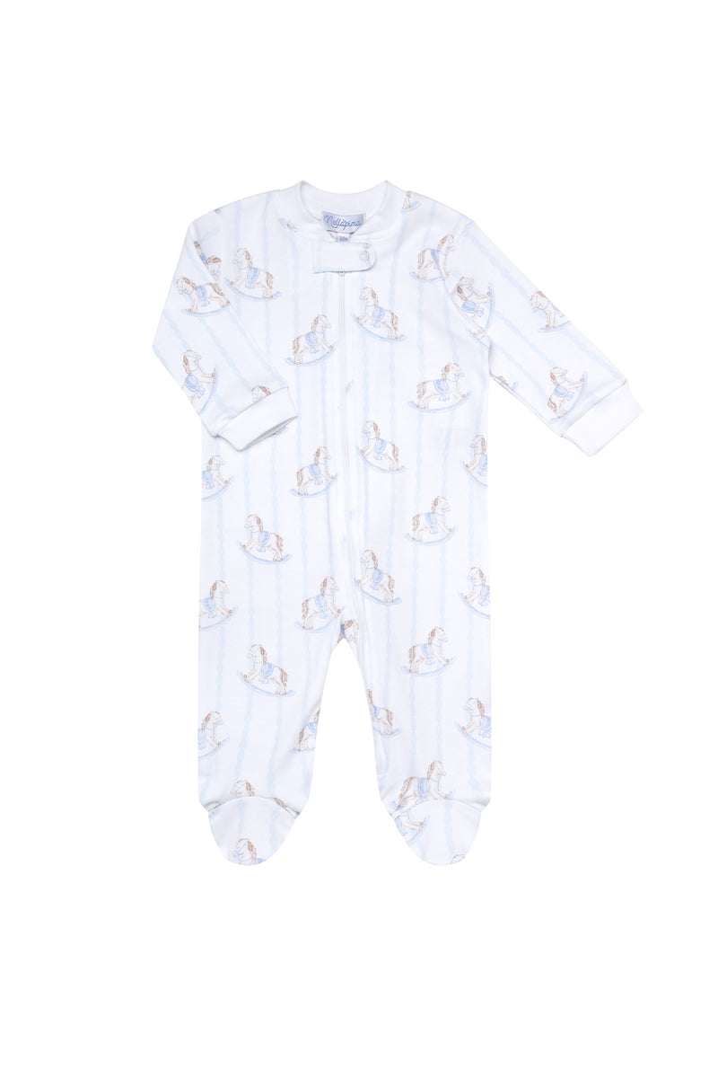 Blue Rocking Horse Zipper Footie